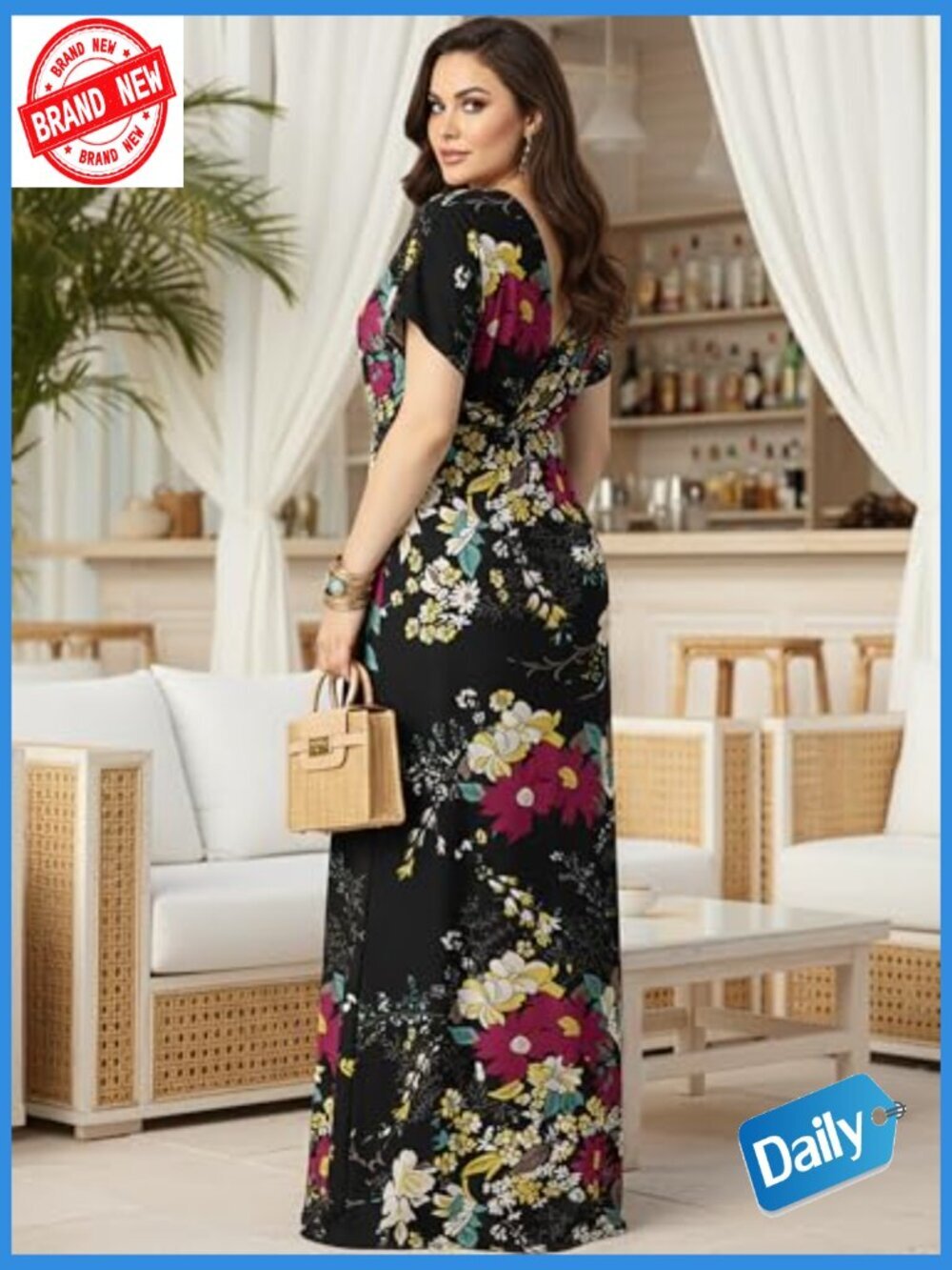 Floral Maxi Dress Kimono Sleeve V-Neck Flowy A-Line Long Dress Summer Wedding - Picture 5 of 7